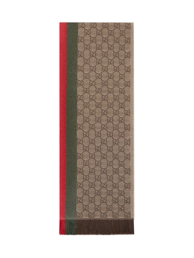 Shop Gucci Gg Jacquard Knit Scarf With Web And Fringe In Brown