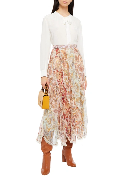 Shop Zimmermann Ladybeetle Lace-trimmed Printed Silk-georgette Maxi Skirt In Pastel Orange