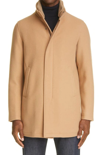 Shop Herno Rib Collar Wool Blend Car Coat In Camel Brown