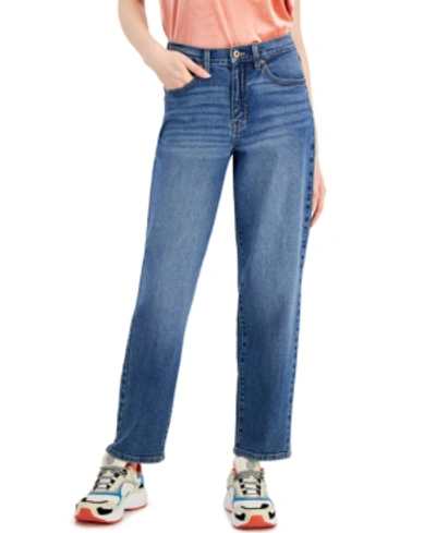 Shop Celebrity Pink Juniors' High Rise Distressed Detailing Straight Jeans In Keep Rolling