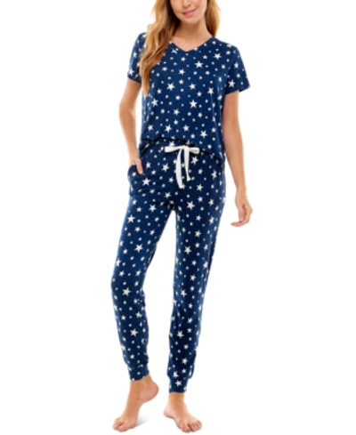 Shop Roudelain V-neck T-shirt & Jogger Pants Pajama Set In Libra Stars Estate Blue