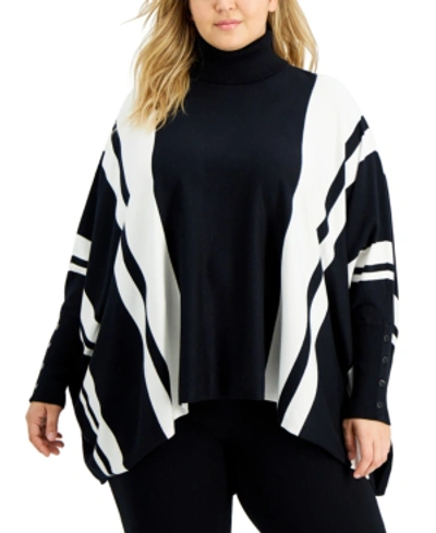 Shop Alfani Plus Size Striped Poncho Sweater, Created For Macy's In Black/cloud