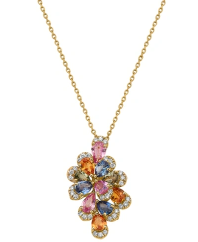 Shop Effy Collection Effy Multi-sapphire (2-1/6 Ct. T.w.) & Diamond (1/6 Ct. T.w.) Flower 16" Pendant Necklace In 14k Gol