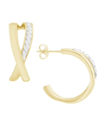 ESSENTIALS HIGH POLISHED CLEAR CRYSTAL CROSS OVER C HOOP EARRING, GOLD PLATE AND SILVER PLATE 