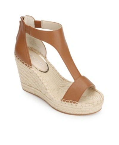 Shop Kenneth Cole New York Women's Olivia T Strap Espadrille Wedge Sandals Women's Shoes In Cognac