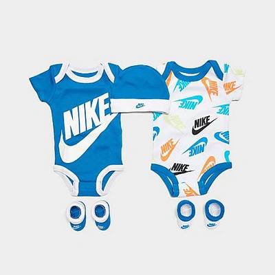 Shop Nike Infant Futura Allover Print 5-piece Bodysuit, Beanie Hat And Socks Set In Imperial Blue