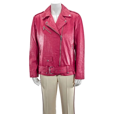 Shop Michael Kors Ladies Crinkled Leather Moto Jacket In Berry