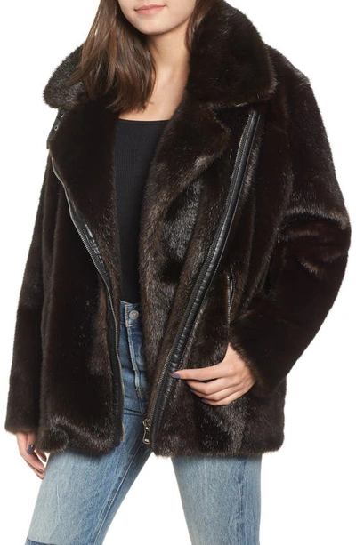 Shop Kendall + Kylie Oversize Faux Mink Fur Moto Jacket In Brown