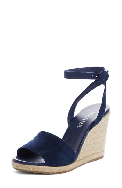 Shop Prada Espadrille Wedge In Oltremare Suede