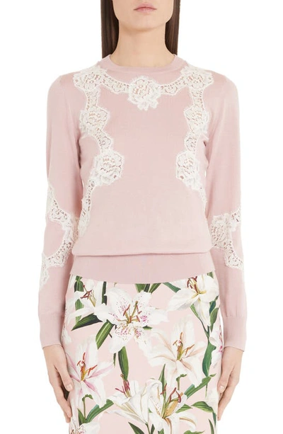 Shop Dolce & Gabbana Lace Inset Silk Sweater In Pink