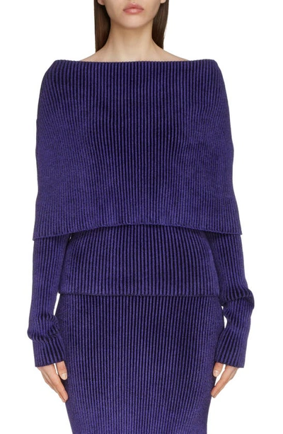 Shop Balenciaga Foldover Off The Shoulder Rib Chenille Sweater In Ultra Violet/ Black