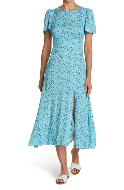 Shop Afrm Jamie Print Open Back Short Sleeve Dress In Blue Ditsy