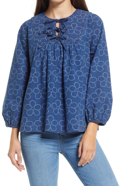 Shop Madewell Indigo Floral Quilted Tie Front Bib Top In Dotted Flower