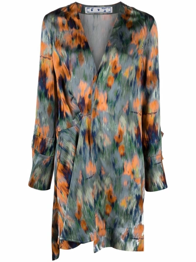 Shop Off-white Abstract-print Draped Dress In Orange ,green