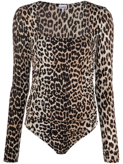 Shop Ganni Leopard-print Rayon Bodysuit In Schwarz