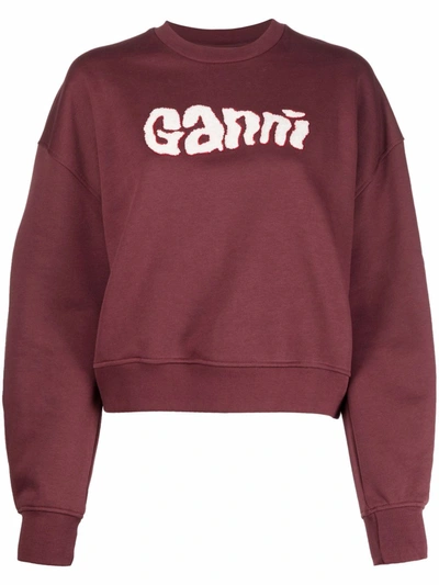 Shop Ganni Logo-print Balloon-sleeved Sweatshirt In Rot