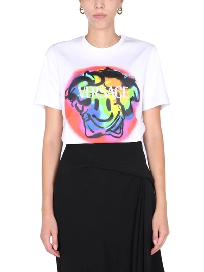 Shop Versace Medusa Smiley Crystal T-shirt In White