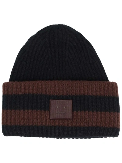 Shop Acne Studios Face-patch Striped Ribbed Knit Beanie In Black