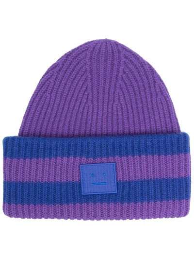 Shop Acne Studios Face-patch Striped Ribbed Knit Beanie In Purple