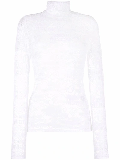 Shop Msgm Logo Mesh Roll-neck Top In Weiss
