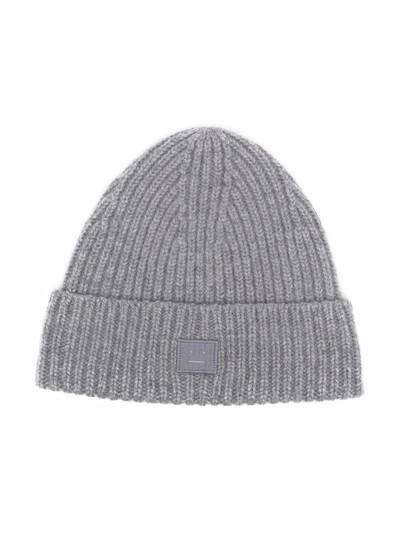 Shop Acne Studios Face-patch Ribbed Knit Beanie In Grey