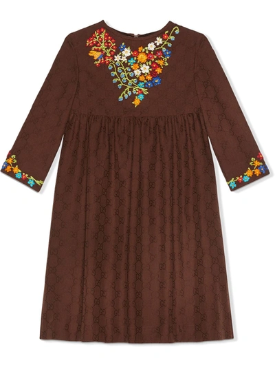 Shop Gucci Gg-motif Floral-embroidered Dress In Brown