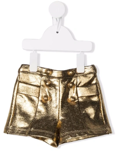 Shop Balmain Metallic Button-embellished Shorts In Gold