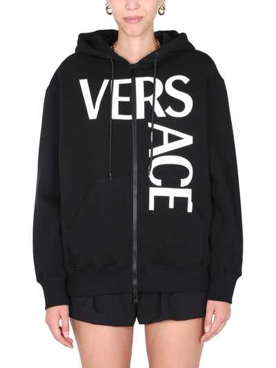 Shop Versace Hooded Sweatshirt With Logo Print In Nero