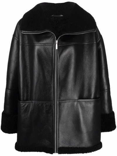 Shop Totême Shearling-trim Leather Jacket In Schwarz