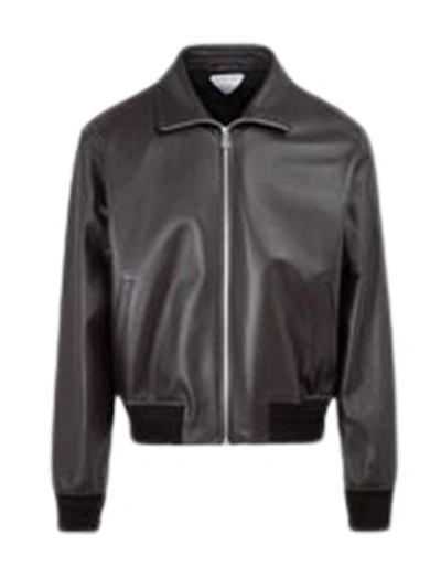 Shop Bottega Veneta Dark Brown Leather Zip-up Jacket In Grey