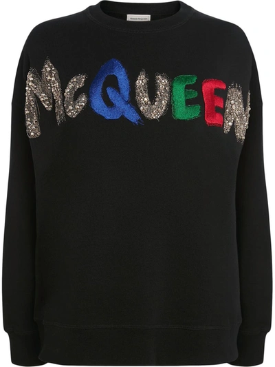 Shop Alexander Mcqueen Glitter Embroidered-logo Sweatshirt In Black