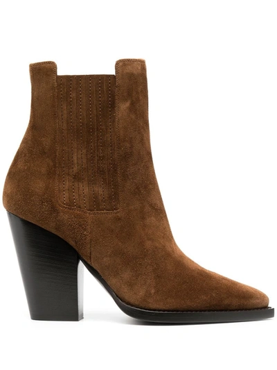 Shop Saint Laurent Medium Brown Theo Chunky-heel Ankle Boots