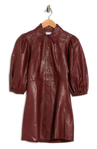 Shop Ganni Leather Puff Sleeve Mini Dress In Decadent Chocolate