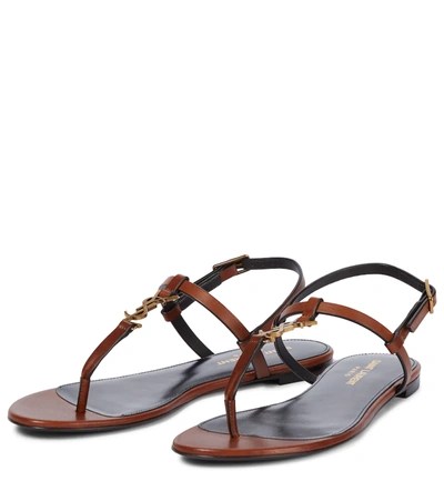 Shop Saint Laurent Cassandra Leather Thong Sandals In Brown