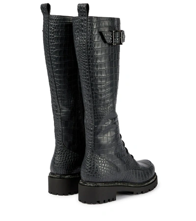 Shop René Caovilla Embellished Croc-effect Combat Boots In Black