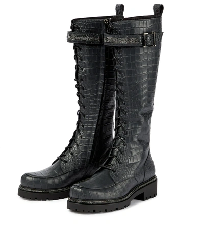 Shop René Caovilla Embellished Croc-effect Combat Boots In Black