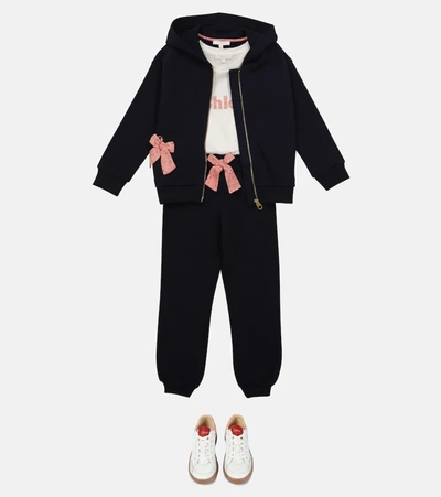 Shop Chloé Hooded Cotton Sweatshirt With Bow In Blue