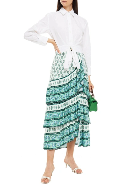 Shop Sandro Tiered Printed Crepe Midi Skirt In White