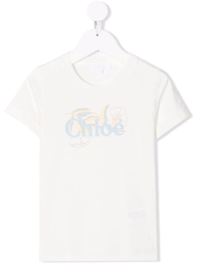 Shop Chloé Kids White T-shirt With Light Blue Logo In Blu Ardesia