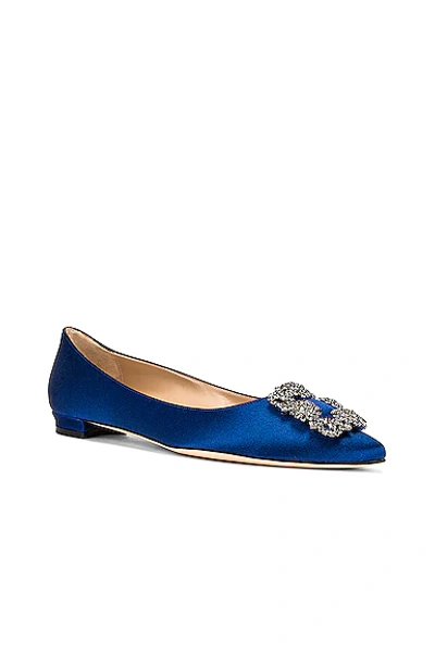 Manolo Blahnik Hangisi Crystal-embellished Satin Point-toe Flats In Bright Blue