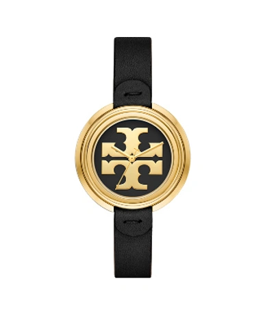 Shop Tory Burch Miller Watch, Black Leather/gold-tone, 36 Mm