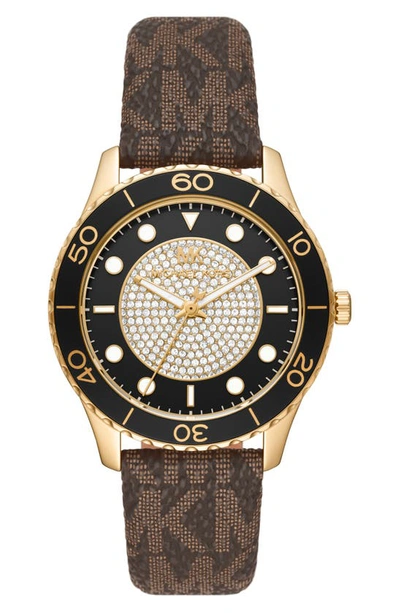 Shop Michael Michael Kors Runway Pavé Mk Logo Canvas Strap Watch, 40mm In Brown