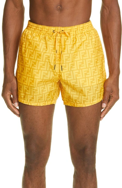 Shop Fendi Double-f Logo Swim Trunks In Yellow
