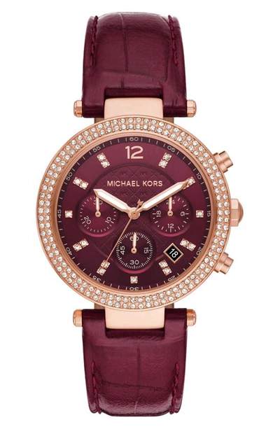 Shop Michael Michael Kors Parker Chronograph Leather Strap Watch, 39mm In Berry