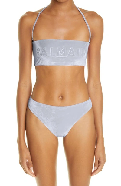 Shop Balmain Logo Embossed Two-piece Swimsuit In Light Grey