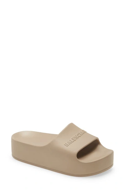 Shop Balenciaga Logo Platform Slide Sandal In Taupe