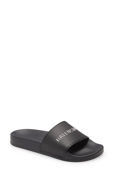 Shop Balenciaga Logo Slide Sandal In Black/ Silver Chrome