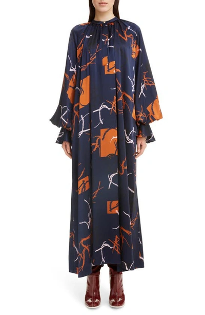 Shop Roksanda Print Long Sleeve Silk Satin Dress In Midnight
