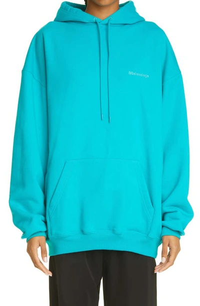 Shop Balenciaga Embroidered Logo Oversize Cotton Hoodie In Turquoise/ Turquoise