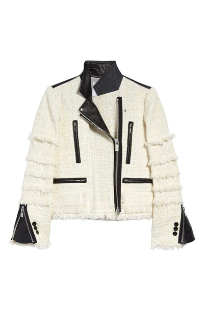 Shop Sacai Hybrid Tweed & Leather Moto Jacket In Off White